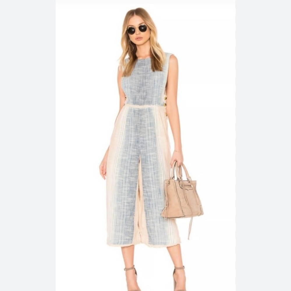 FREE PEOPLE MOAB Jumpsuit L Blue Natural Casual Wide Leg Raw Edge Cotton Pockets